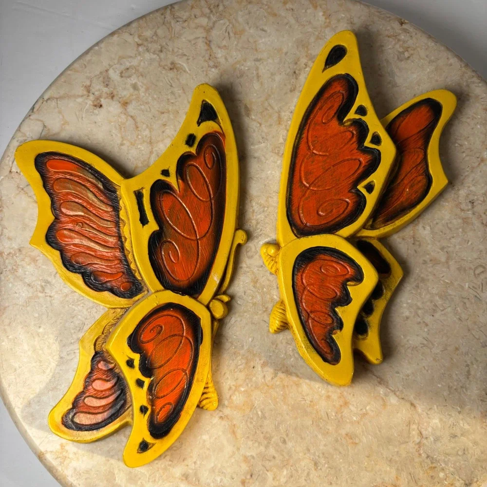 Universal Statuary Butterfly Wall Art Set 1978 Yellow Orange MCM Kitschy Decor